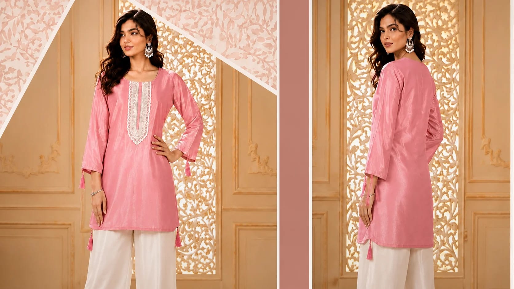 Two views of a pink co-ord set with white palazzo, worn against a carved cream screen