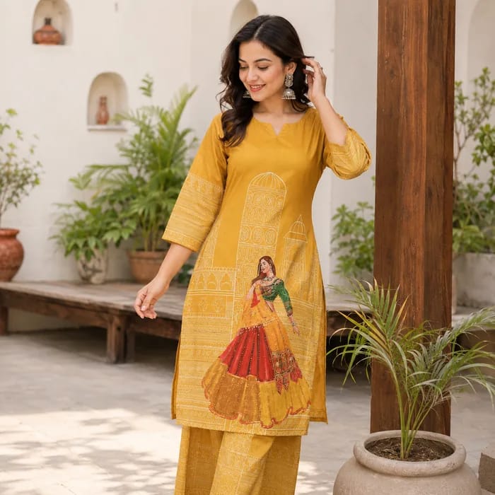 Mustard kurta set with a printed dancing figure, worn in a sunlit courtyard