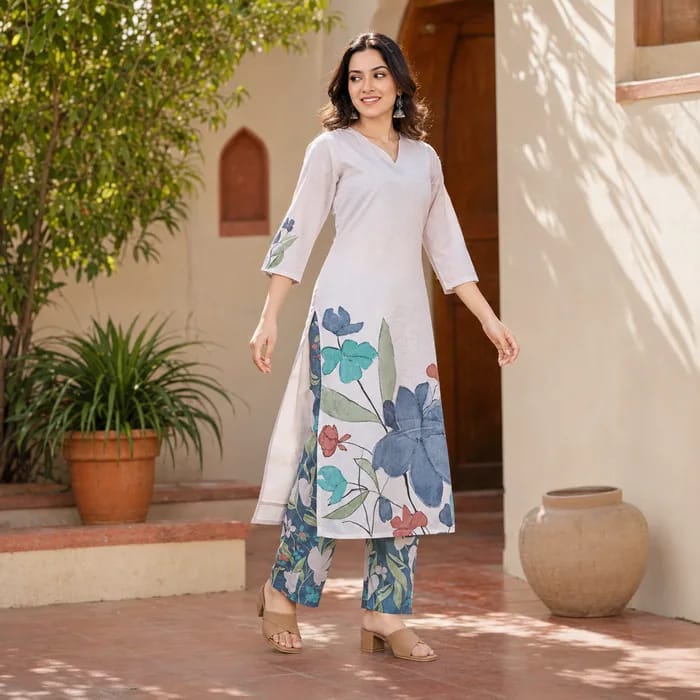 Ivory kurta set with a blue floral print, worn beside a potted courtyard garden