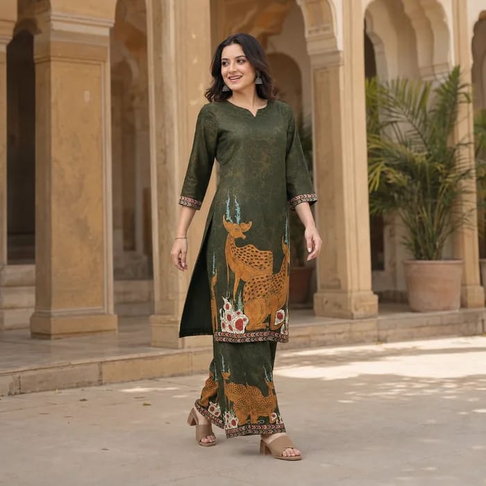 Deep green kurta set with a deer print, worn under a colonnade