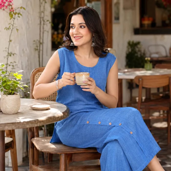 Blue sleeveless co-ord, worn at a café table