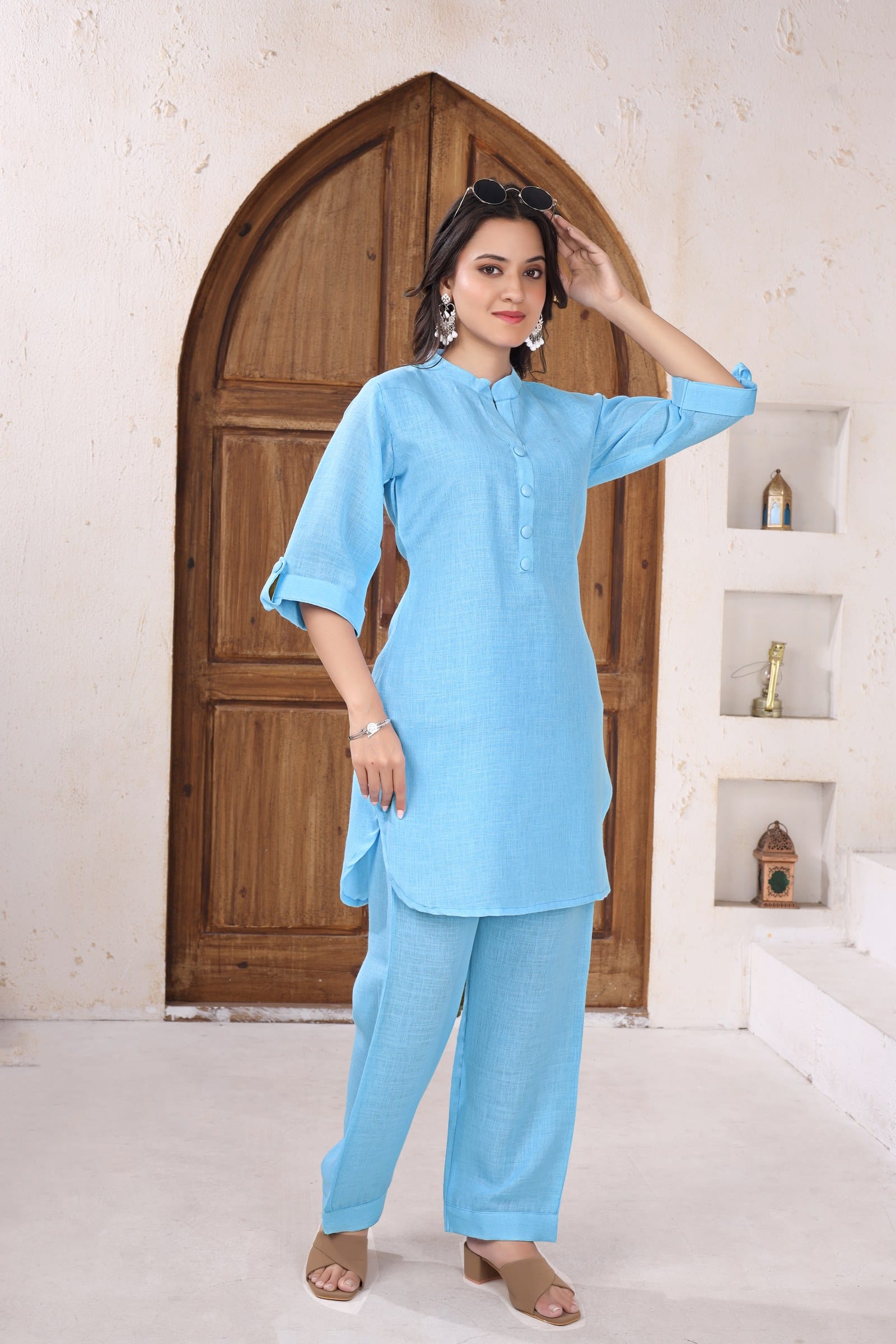Aakash Blue kurta set — side view