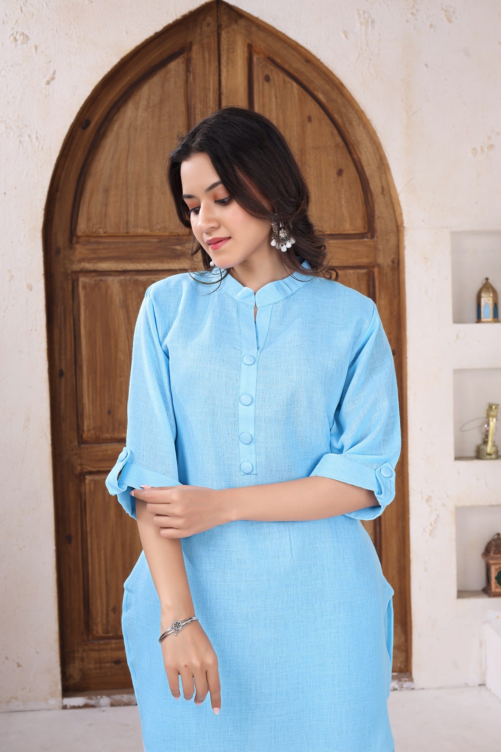 Sky Co-ord Set kurta — collar, placket and sleeve tab detail
