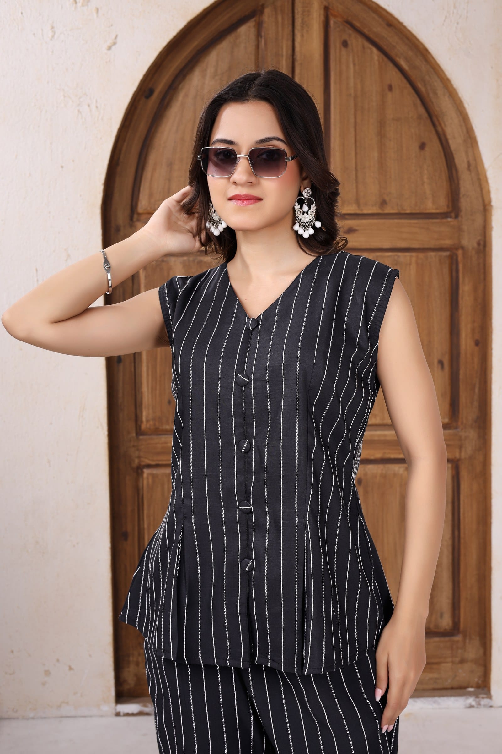 Pinstripe Co-ord Set top — pinstripe and button detail