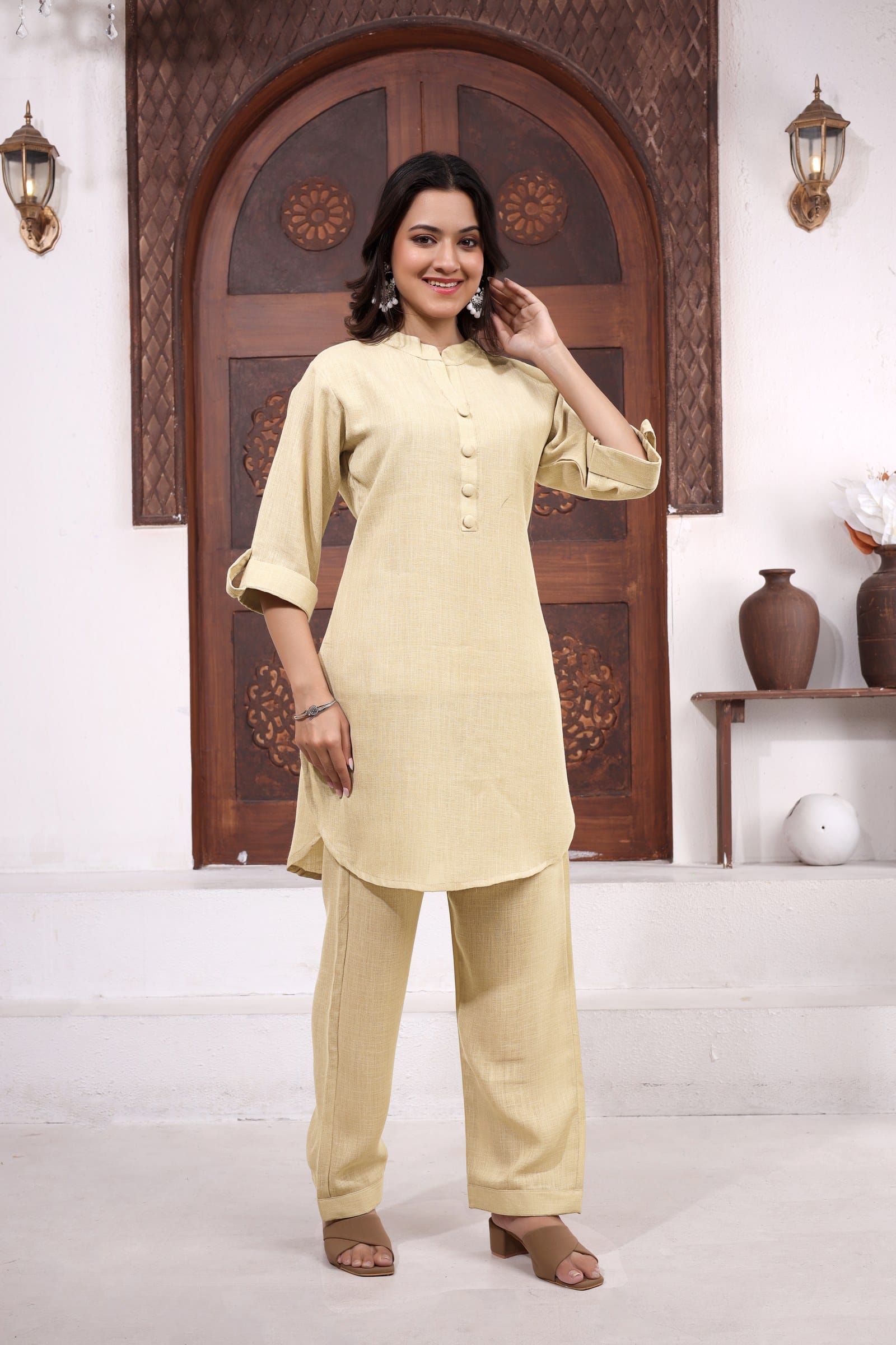 Mitti Sand kurta set — roll-up tab sleeves