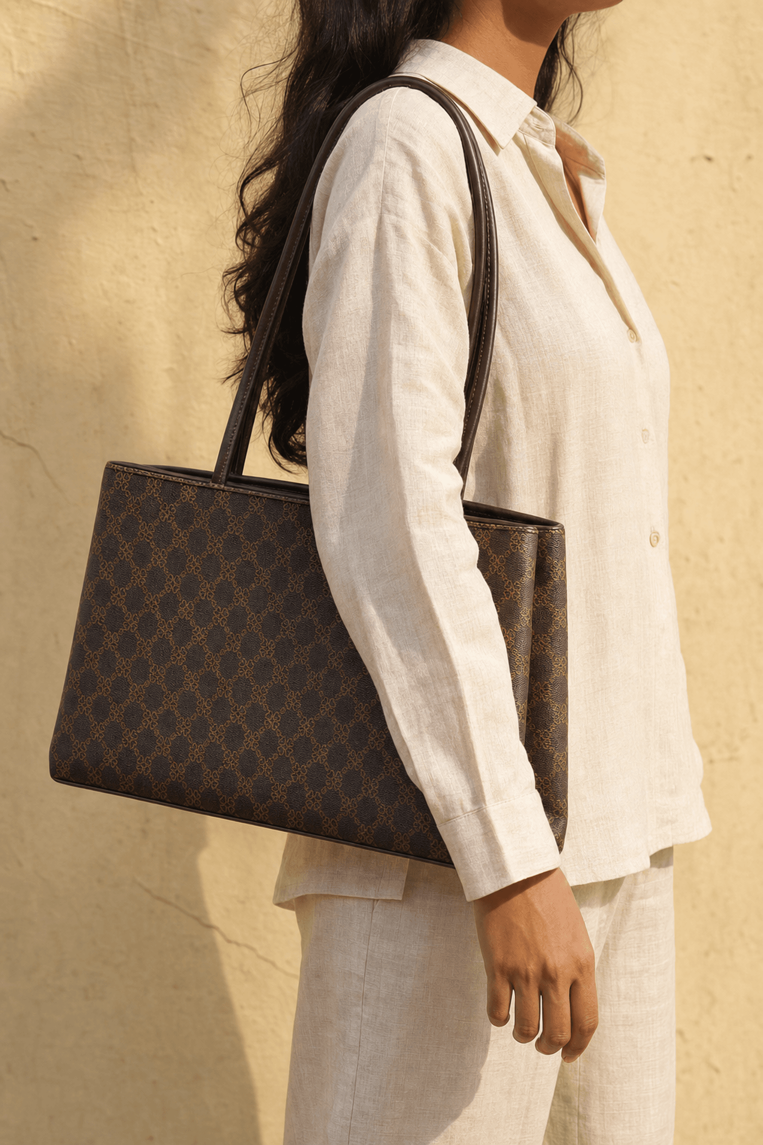 Monogram Tote carried on the shoulder