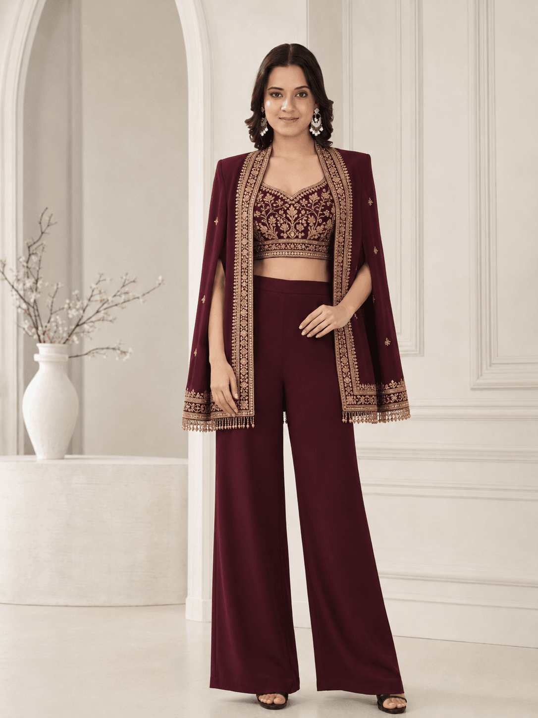 Wine Noor Embroidered Co-ord Set